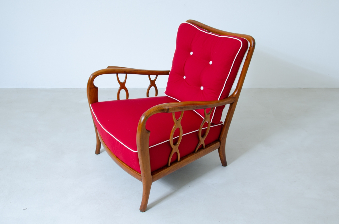 Pair of cherry wood armchairs with ribbon motif on the sides. Seat and back in padded fabric.  Attribution Paolo Buffa 1930s.