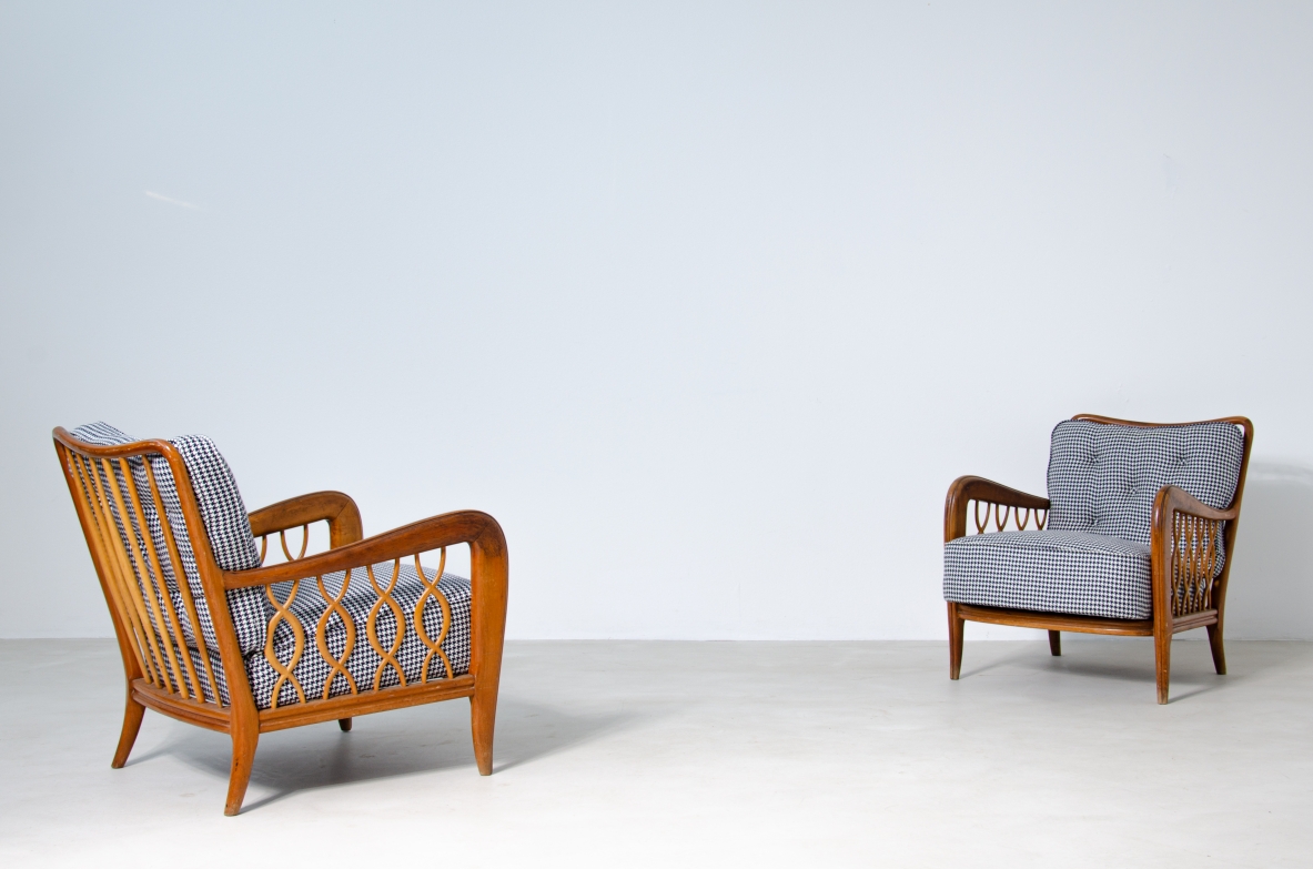 Paolo Buffa (1903 - 1970)  Pair of rare armchairs with ribbon motif in oak wood and upholstered fabric.  Italy, 1940's.
