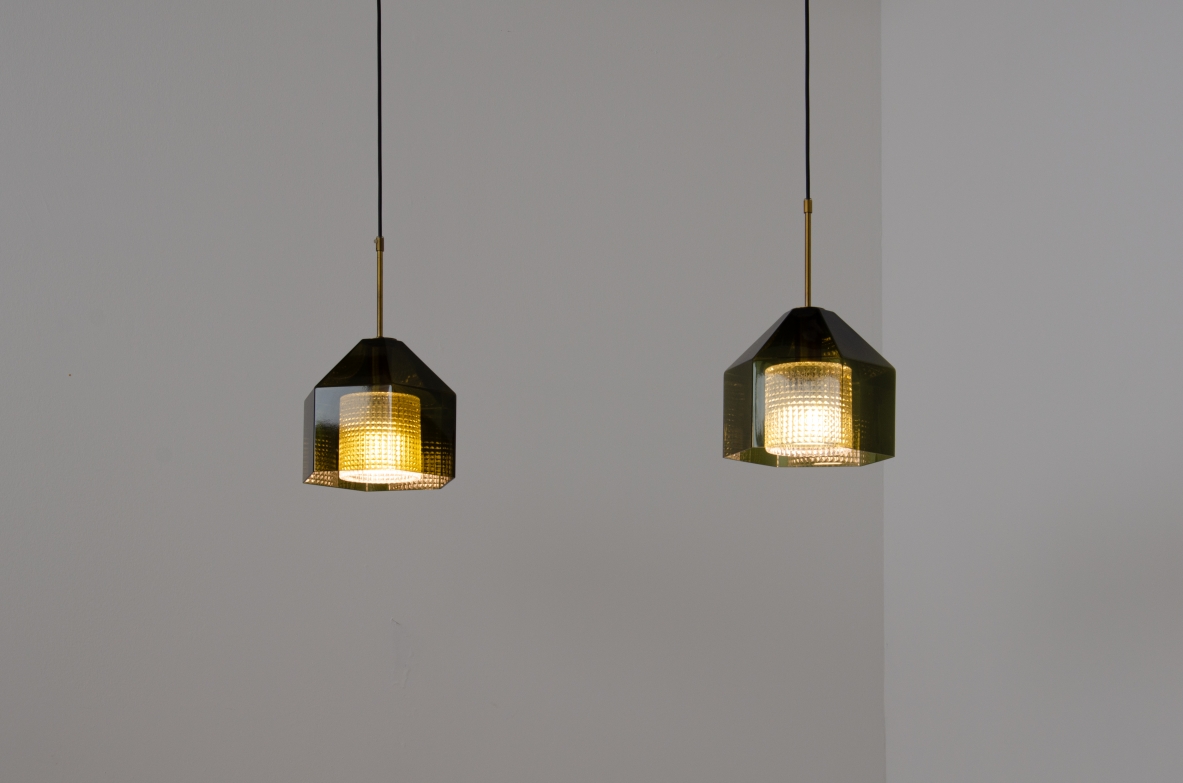 Carl Fagerhult, rare pair of small diamond-shaped chandeliers in gray / green ground glass with transparent glass crown inside and brass wire guide.  Orrefos production, Sweden, 1960s.