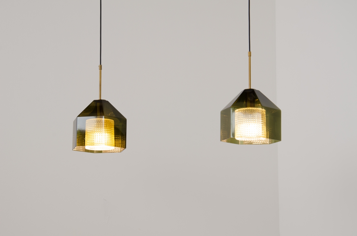 Carl Fagerhult, rare pair of small diamond-shaped chandeliers in gray / green ground glass with transparent glass crown inside and brass wire guide.  Orrefos production, Sweden, 1960s.