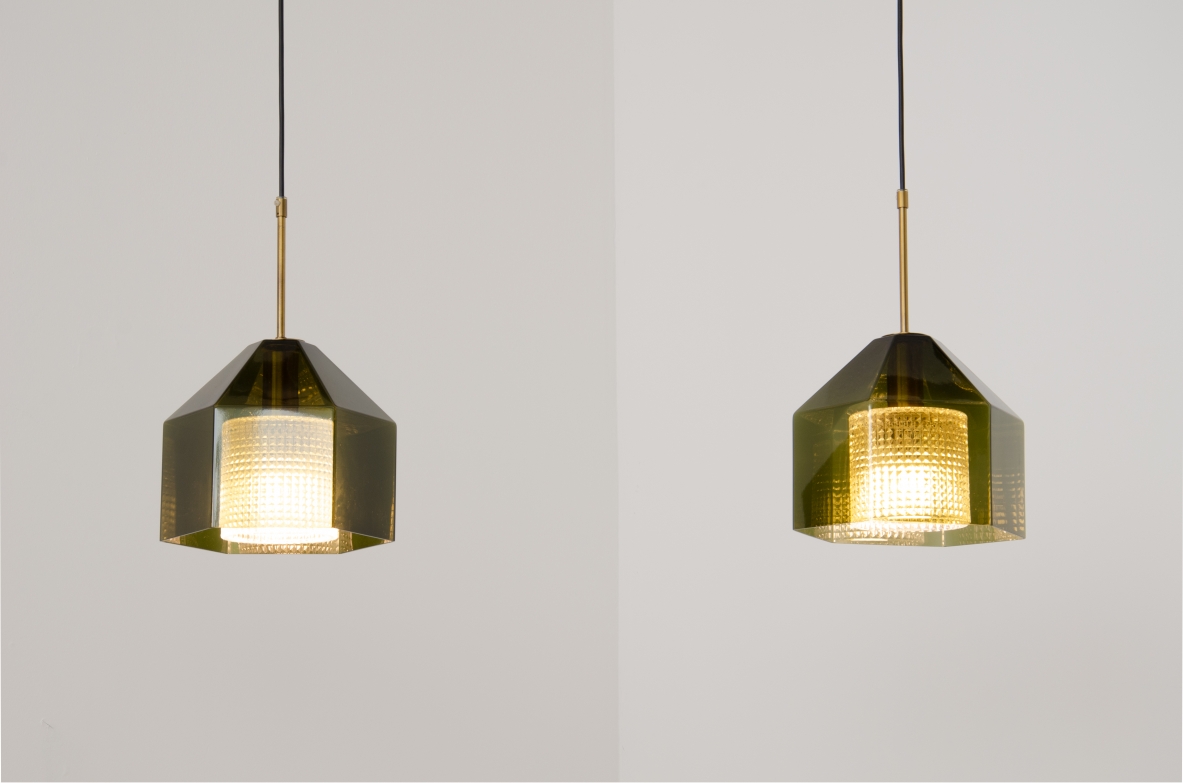 Carl Fagerhult, rare pair of small diamond-shaped chandeliers in gray / green ground glass with transparent glass crown inside and brass wire guide.  Orrefos production, Sweden, 1960s.