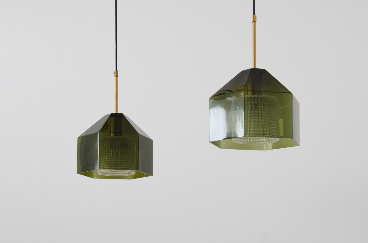 Carl Fagerhult, rare pair of small diamond-shaped chandeliers in gray / green ground glass with transparent glass crown inside and brass wire guide.  Orrefos production, Sweden, 1960s.