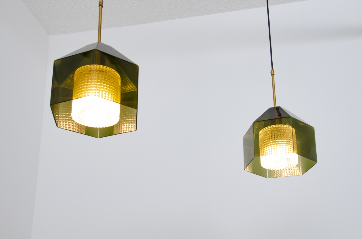 Carl Fagerhult, rare pair of small diamond-shaped chandeliers in gray / green ground glass with transparent glass crown inside and brass wire guide.  Orrefos production, Sweden, 1960s.