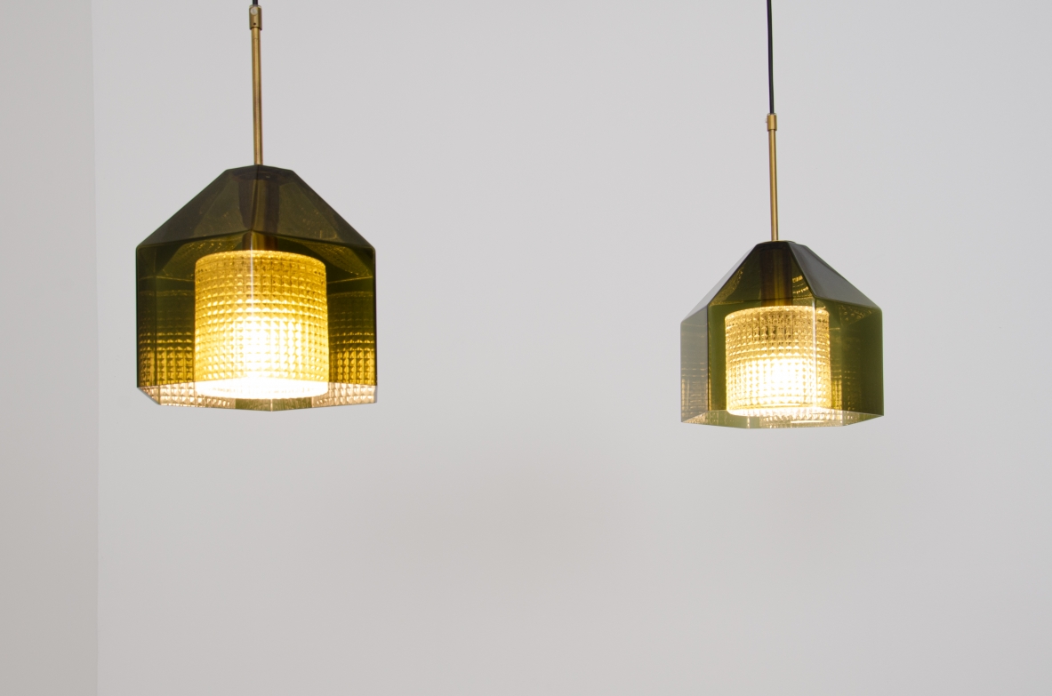 Carl Fagerhult, rare pair of small diamond-shaped chandeliers in gray / green ground glass with transparent glass crown inside and brass wire guide.  Orrefos production, Sweden, 1960s.