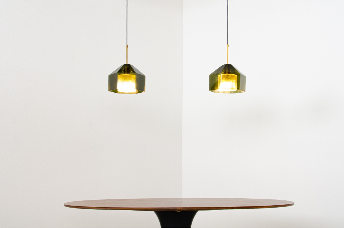Carl Fagerhult, rare pair of small diamond-shaped chandeliers in gray / green ground glass with transparent glass crown inside and brass wire guide.  Orrefos production, Sweden, 1960s.