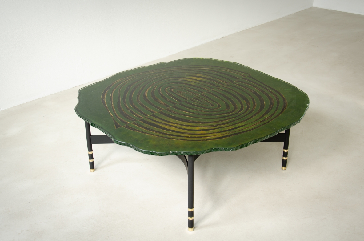 Duilio Barnabè known as Dubè (1914-1961)  Coffee table with metal and brass structure with thick glass top curved and ground along the edges and back painted in enamel. Fontana Arte 1950s