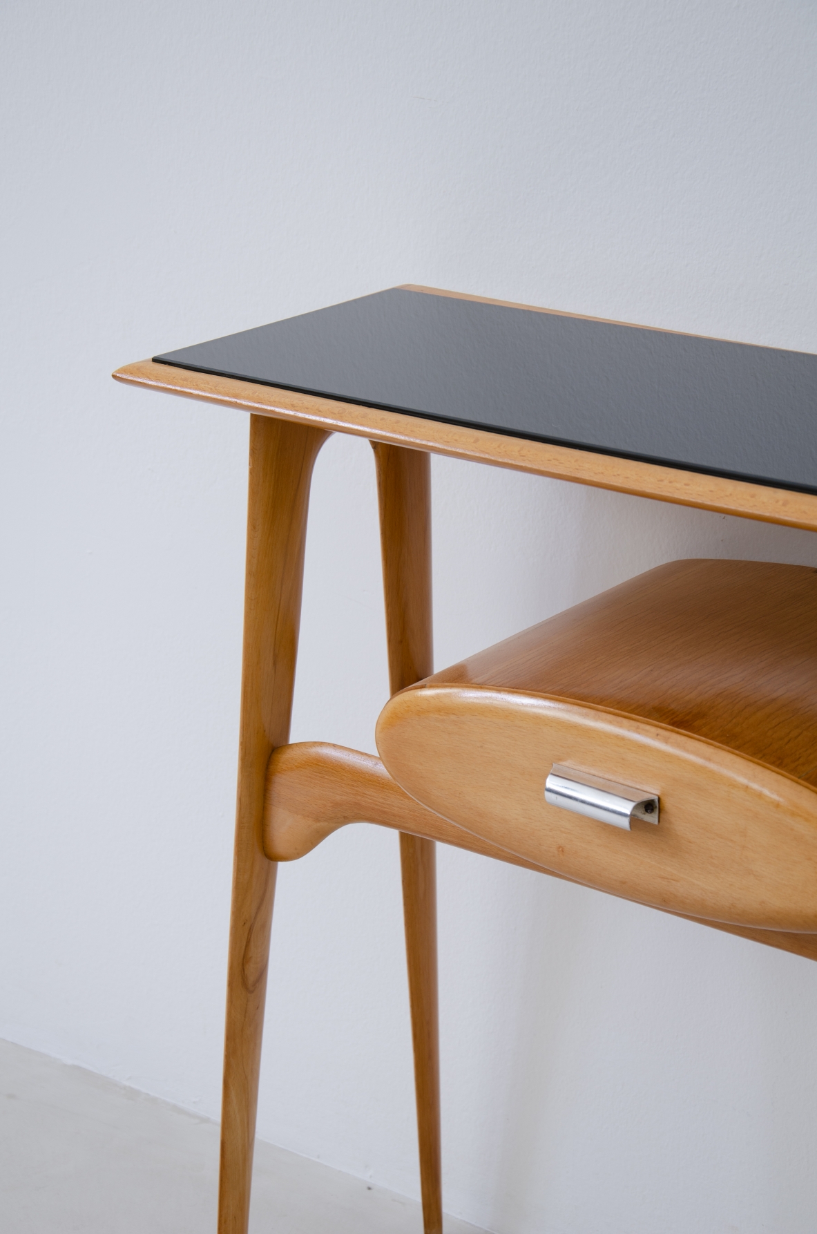 Small console in blond wood with opaline glass top and oval drawer.  1950's Italian manufacture.