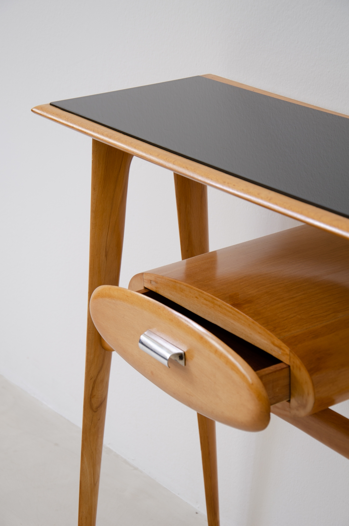 Small console in blond wood with opaline glass top and oval drawer.  1950's Italian manufacture.