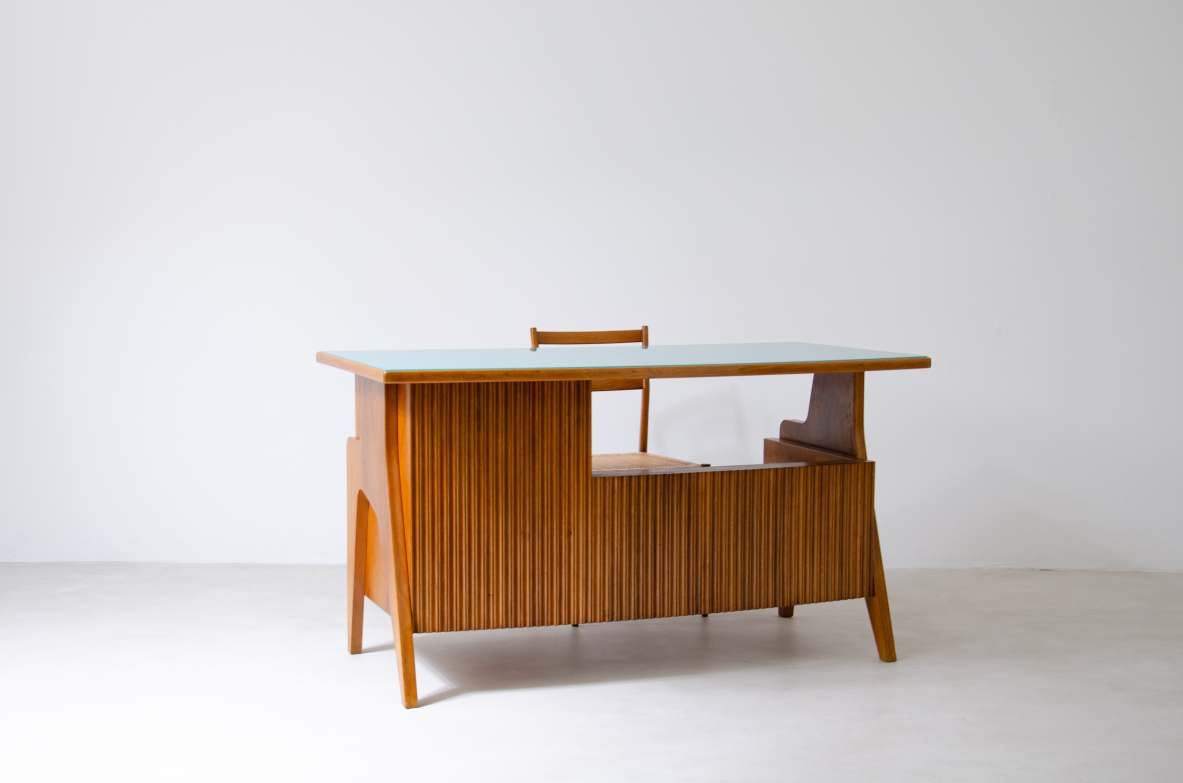 Oak desk with ribbed wood structure and green opaline glass top. Turin school, Italy, 1950's