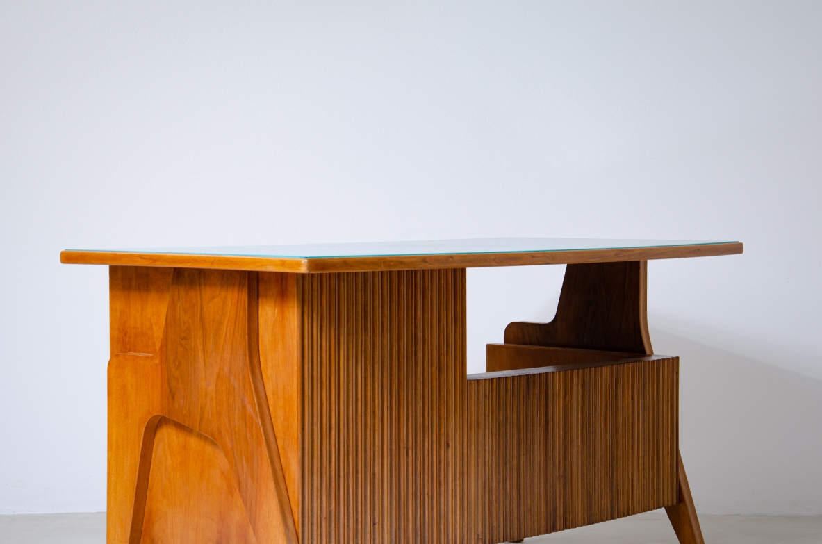 Oak desk with ribbed wood structure and green opaline glass top. Turin school, Italy, 1950's