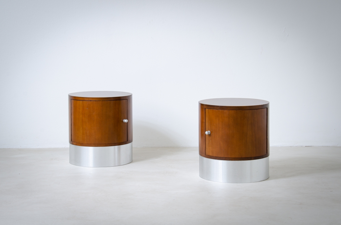 Pair of wooden cylinder bedside tables with polished metal base.  Italian manufacture, 1960's.