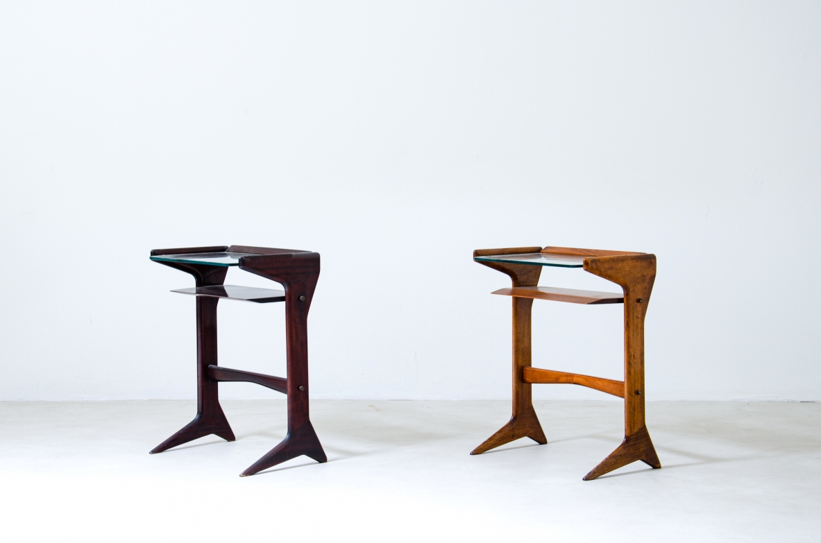 Ico Parisi  Pair of wooden bedside tables with ground glass top. One in blond walnut and the other in dark wood.