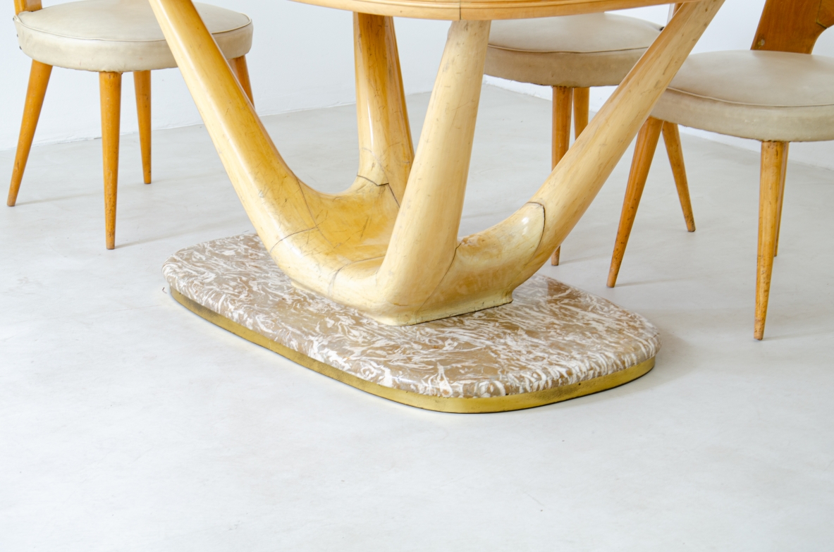Vittorio Dassi. Elegant table with marble base, blond maple wood structure and glass top decorated with faux marble. Dassi production, Turin, Italy, 1940's