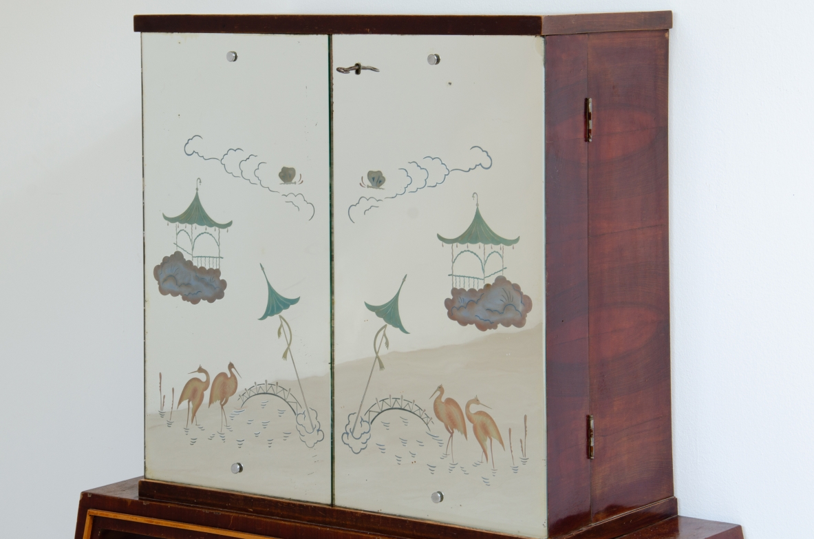 Small bar with mirrored and hand painted doors. Italian manufacture, 1940's.