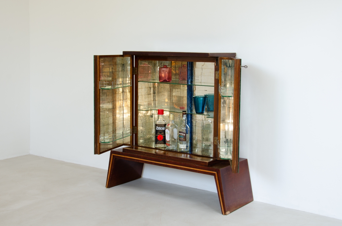 Small bar with mirrored and hand painted doors. Italian manufacture, 1940's.