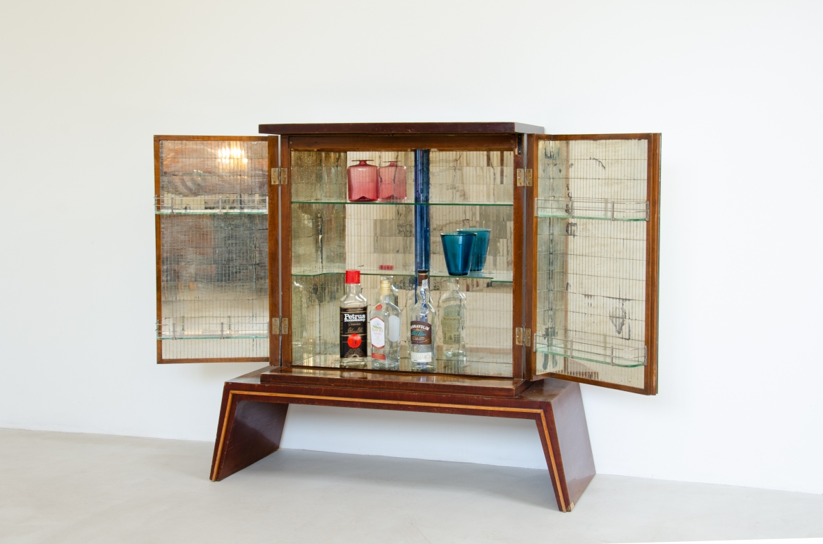 Small bar with mirrored and hand painted doors. Italian manufacture, 1940's.
