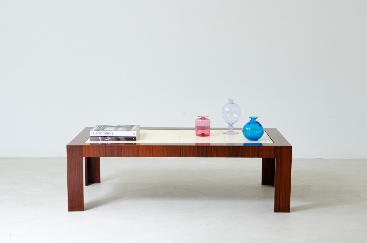 Very elegant Art Deco low table in rosewood with goat skin top.  France 1930's.