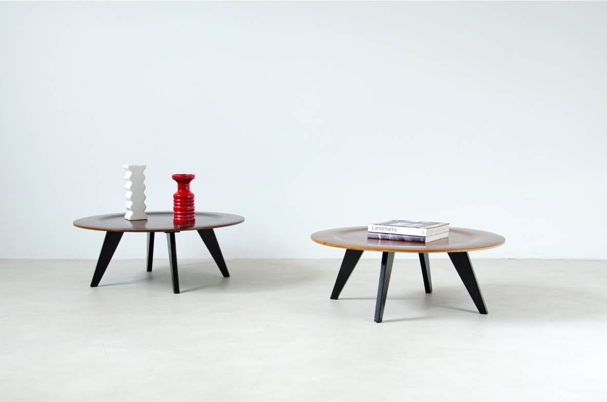 Charles and Ray Eames. Pair of coffee tables with rosewood top. Evans Products/Herman Miller, late 1940s