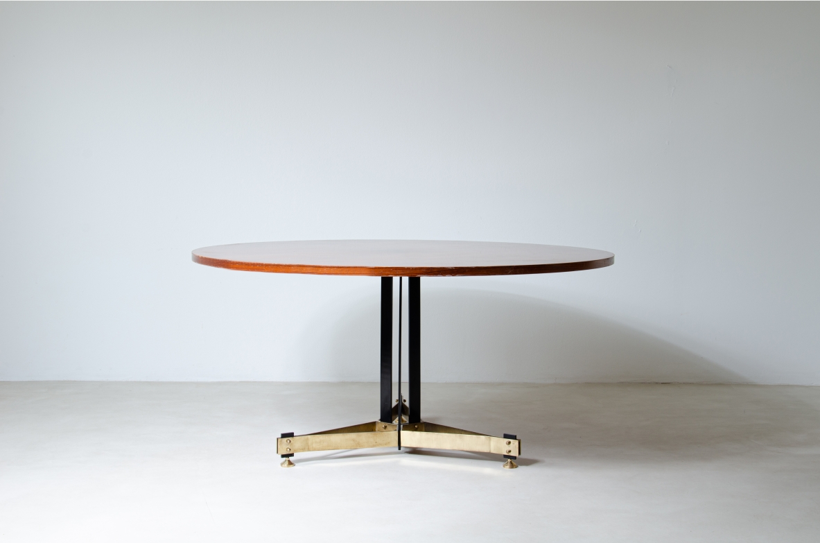 Unique large dining table with metal and brass base and veneered wooden top. Italian manufacture, 1950s.