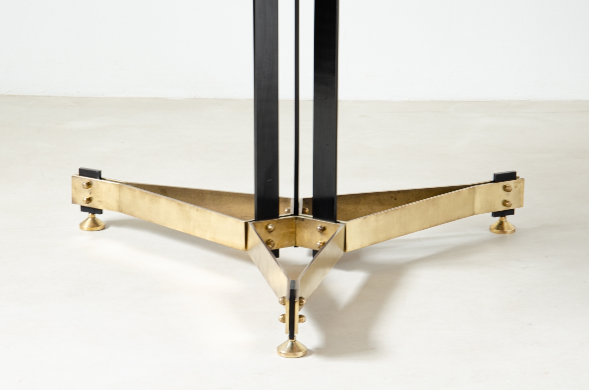 Unique large dining table with metal and brass base and veneered wooden top. Italian manufacture, 1950s.