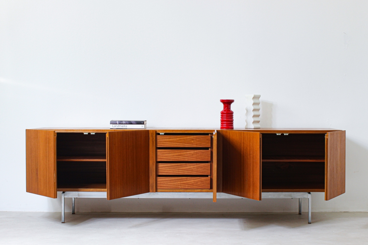 Container unit in blond wood with steel base. Italian manufacture, 1960's.