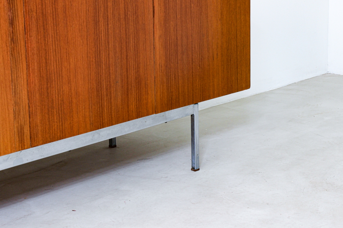 Container unit in blond wood with steel base. Italian manufacture, 1960's.