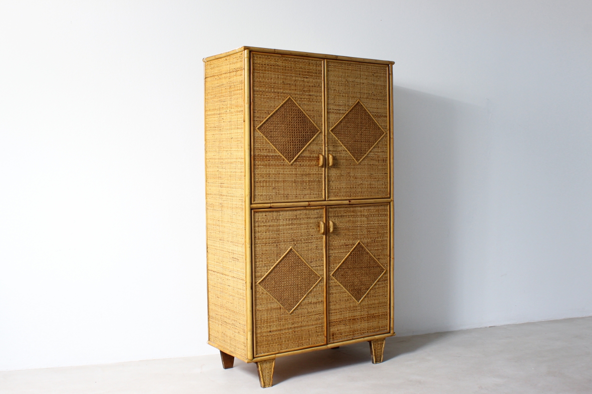 Wardrobe in ash wood, covering in raffia and rattan. Vivai del Sud, 1960's.