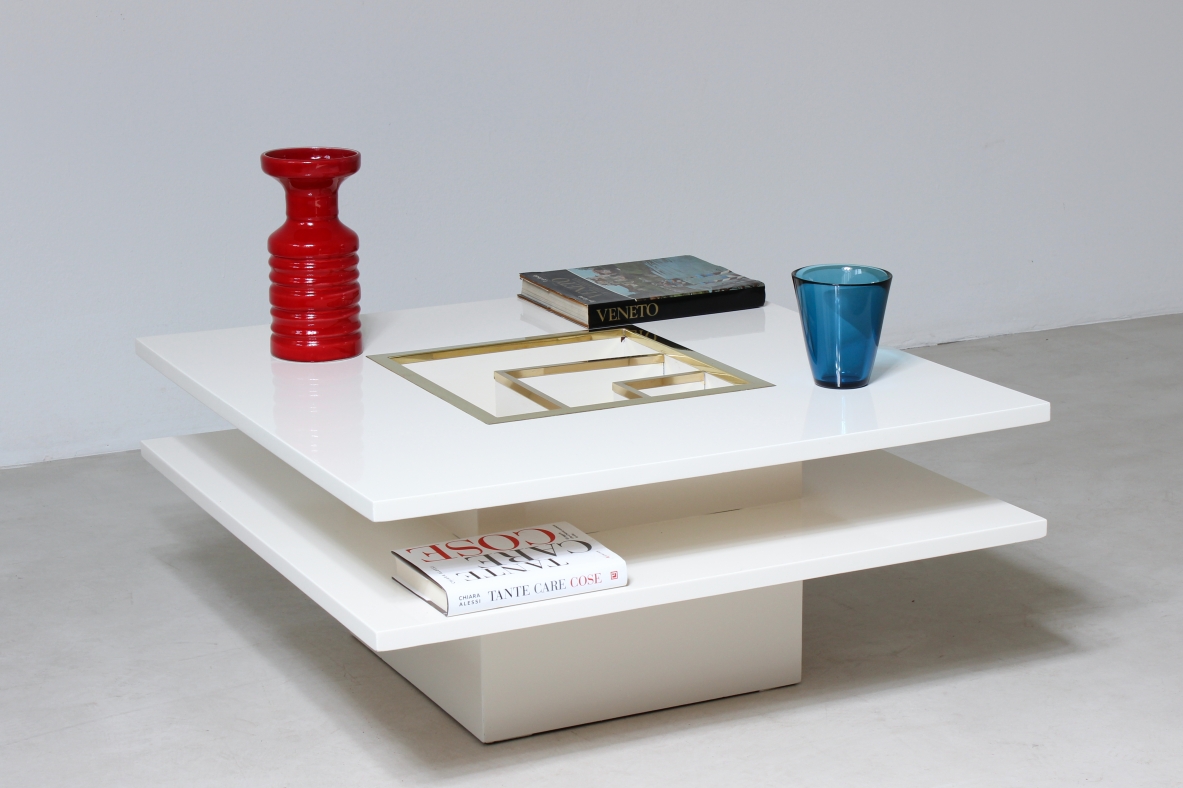 Mario Sabot. Low table in lacquered wood with central shaped bottle holder in brass. Sabot prod 1970's.