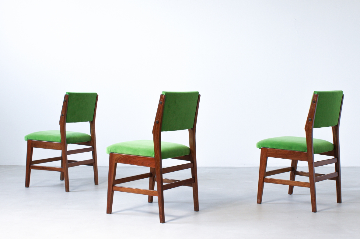 Six chairs with wooden structure and seat and back in padded fabric.  Attribution Gio Ponti 1950s.