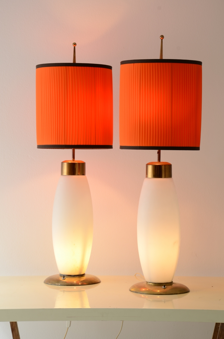 Pair of large table lamps in opaline glass and brass, fabric shades.  Stilnovo manufacture, 1960's
