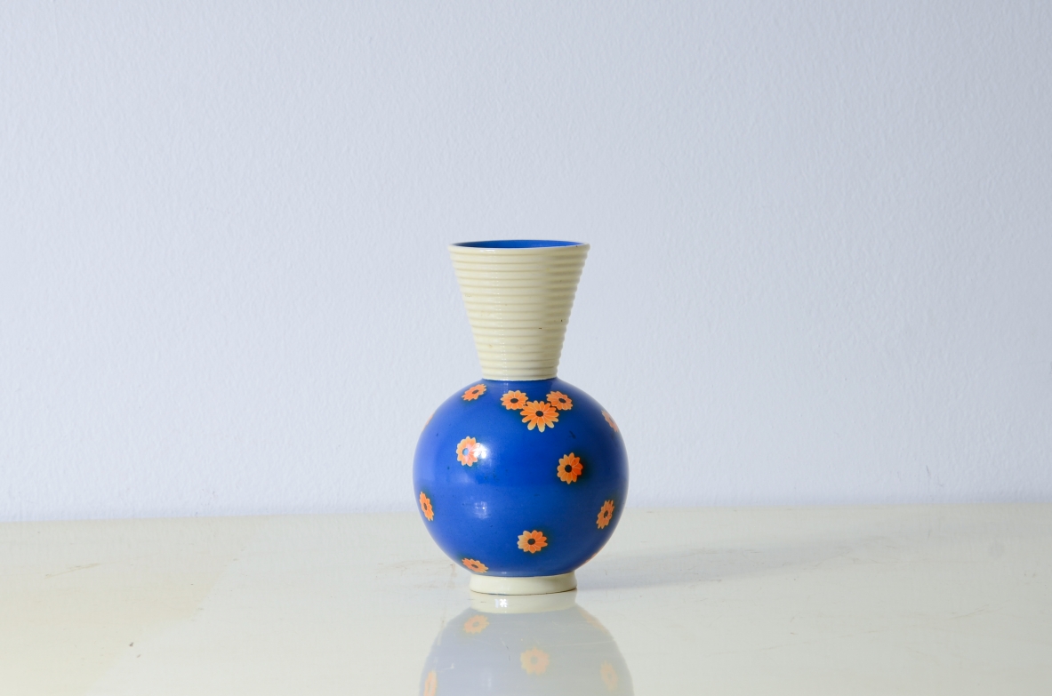 Ceramiche Rometti  Vaso blu con decoro e grande apertura filettata. Manifattura Umbertide 1940ca.