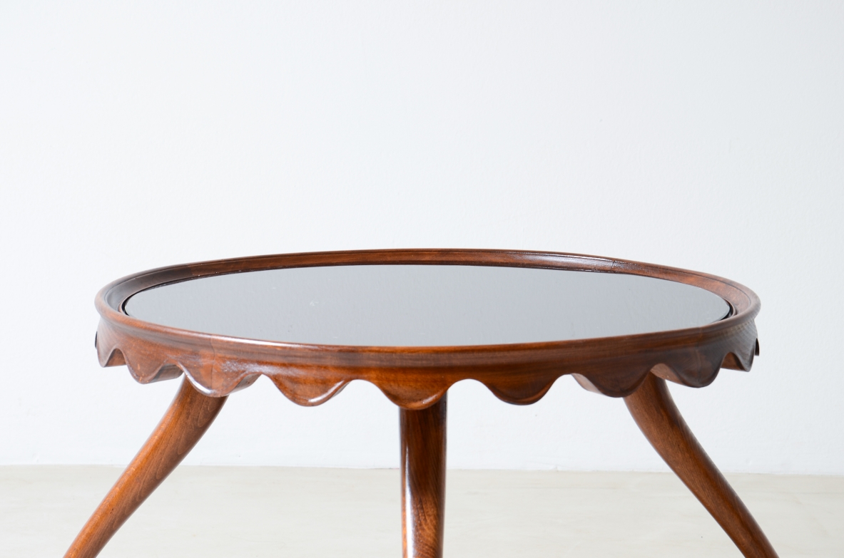 Paolo Buffa  Wooden coffee table with opal glass top and band with elegant wave motif, shaped legs.  Spartaco Brugnoli manufacture, 1940/50.