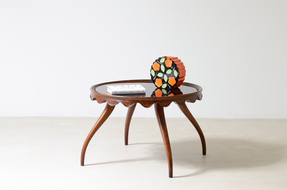 Paolo Buffa  Wooden coffee table with opal glass top and band with elegant wave motif, shaped legs.  Spartaco Brugnoli manufacture, 1940/50.