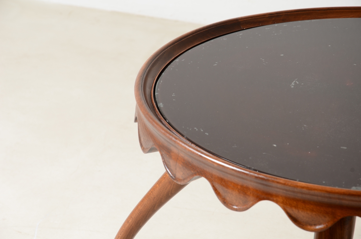 Paolo Buffa  Wooden coffee table with opal glass top and band with elegant wave motif, shaped legs.  Spartaco Brugnoli manufacture, 1940/50.