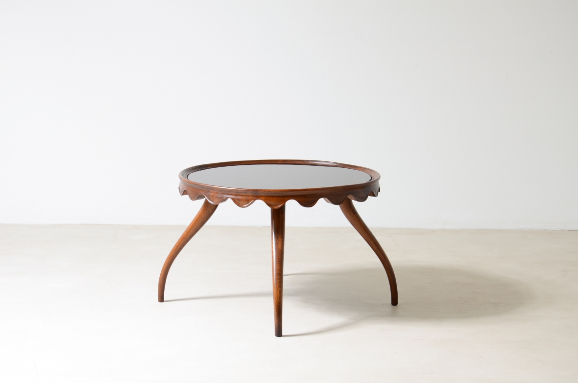 Paolo Buffa  Wooden coffee table with opal glass top and band with elegant wave motif, shaped legs.  Spartaco Brugnoli manufacture, 1940/50.