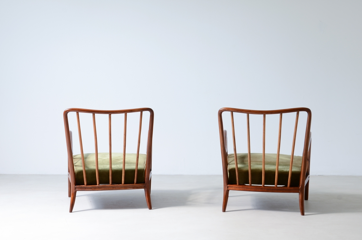 Paolo Buffa,  Pair of cherrywood armchairs with upholstered seat and cushion on the back.  Italian manufacture, around 1935.