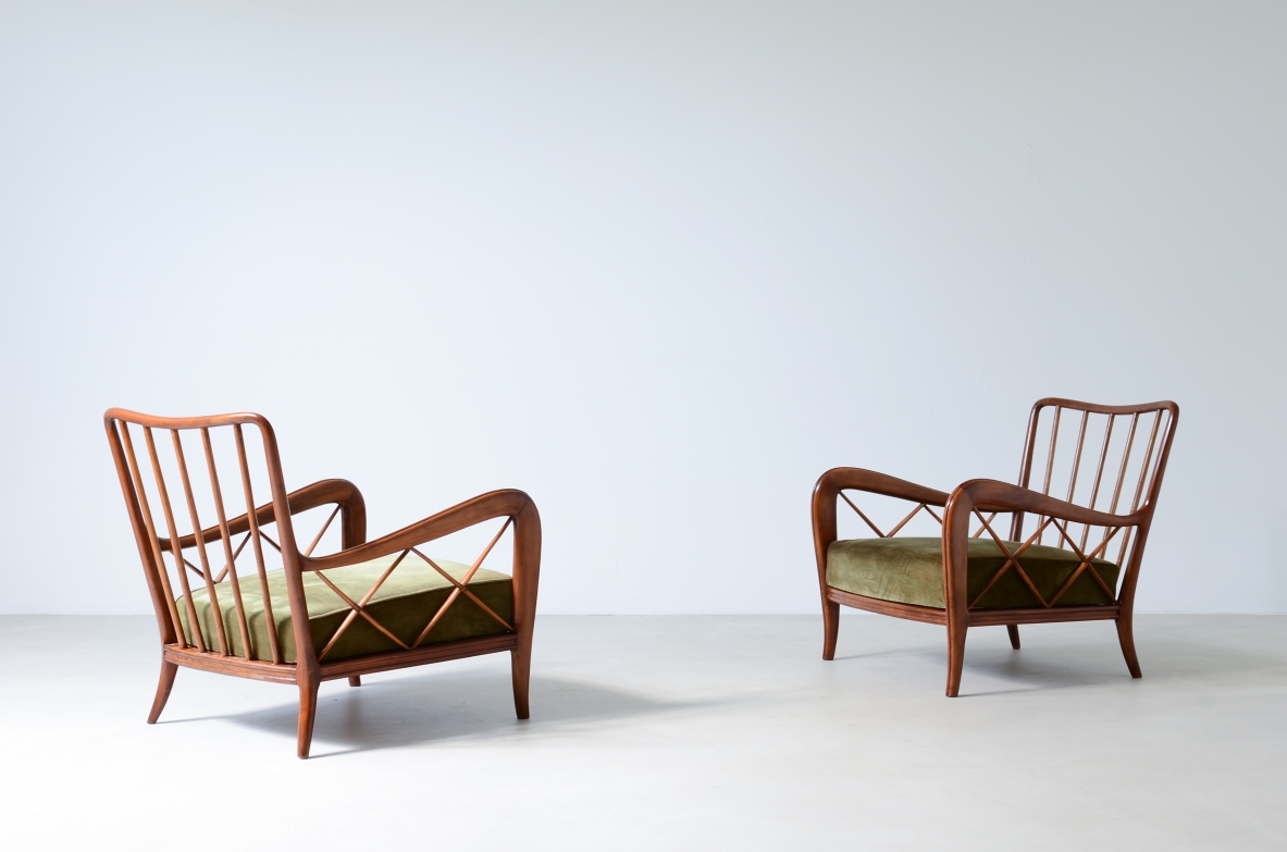 Paolo Buffa,  Pair of cherrywood armchairs with upholstered seat and cushion on the back.  Italian manufacture, around 1935.