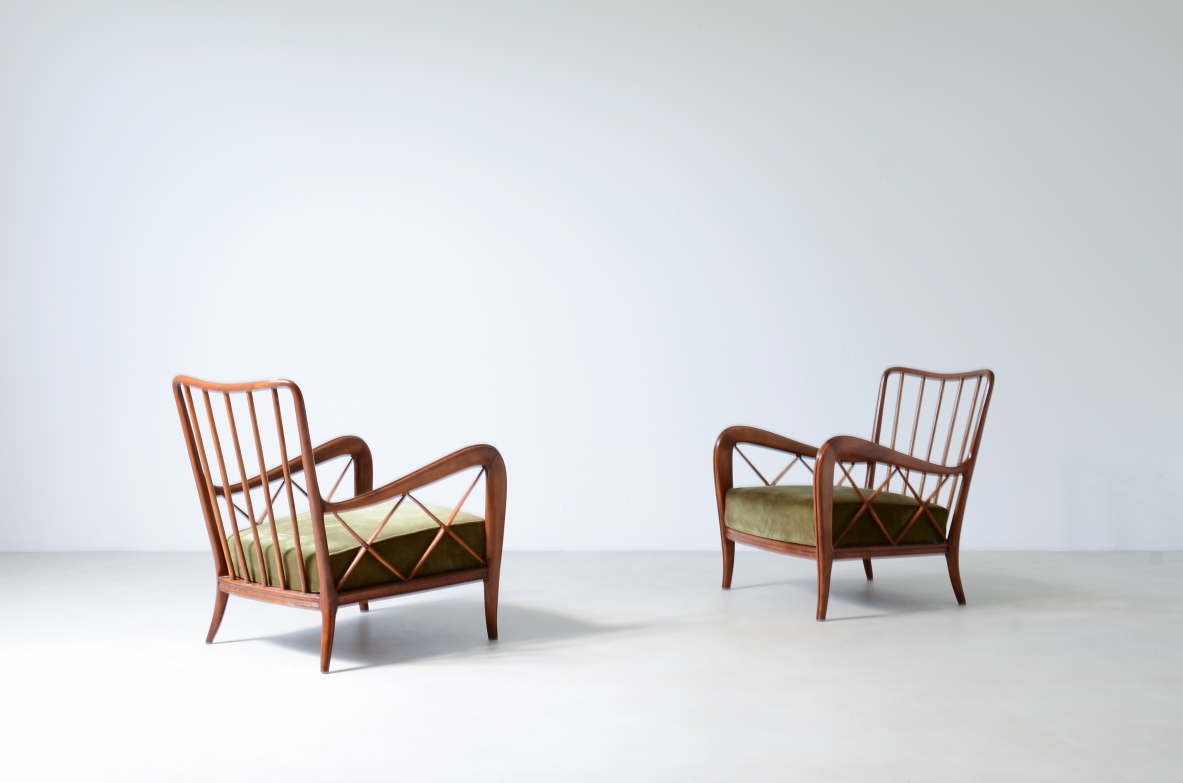 Paolo Buffa,  Pair of cherrywood armchairs with upholstered seat and cushion on the back.  Italian manufacture, around 1935.