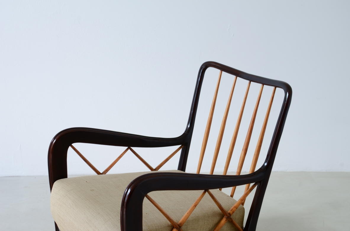 Paolo Buffa  Pair of armchairs in stained polished wood and blond maple with upholstered seat and cushion on the back.  Italian manufacture around 1935.