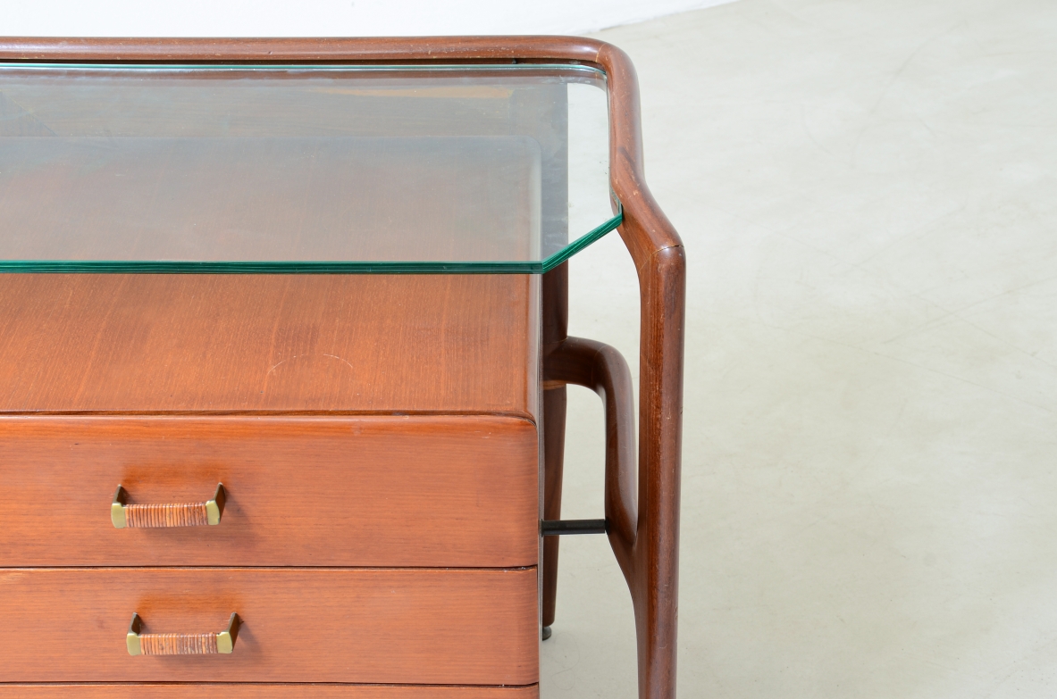 curved wooden console with double row of light wood drawers 1960's manufacturing.