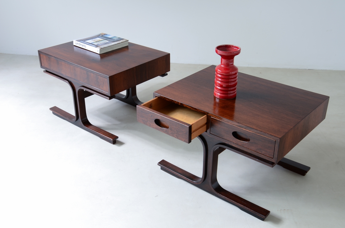 Gianfranco Frattini (1926-2004) Pair of coffee tables with 2 drawers and two uprights.  Bernini manufacture, Italy 1957.