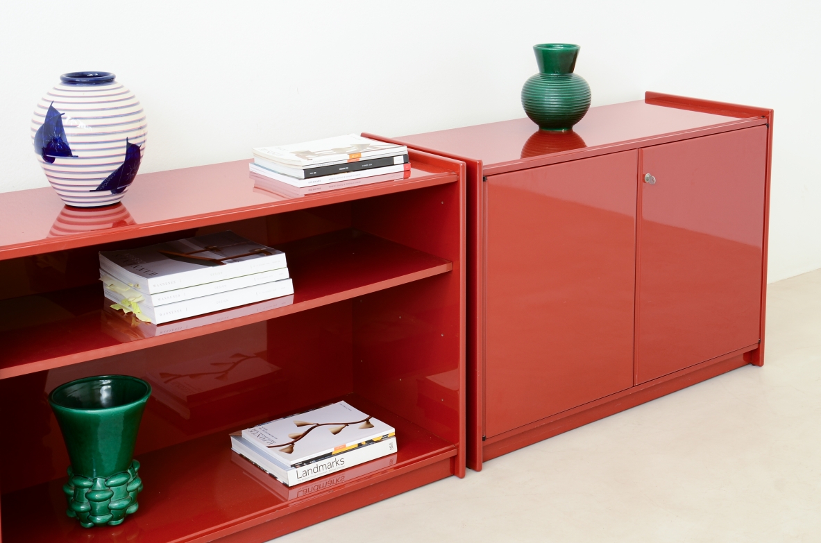 Takahama Storage unit composed of three different modules in lacquered wood. 