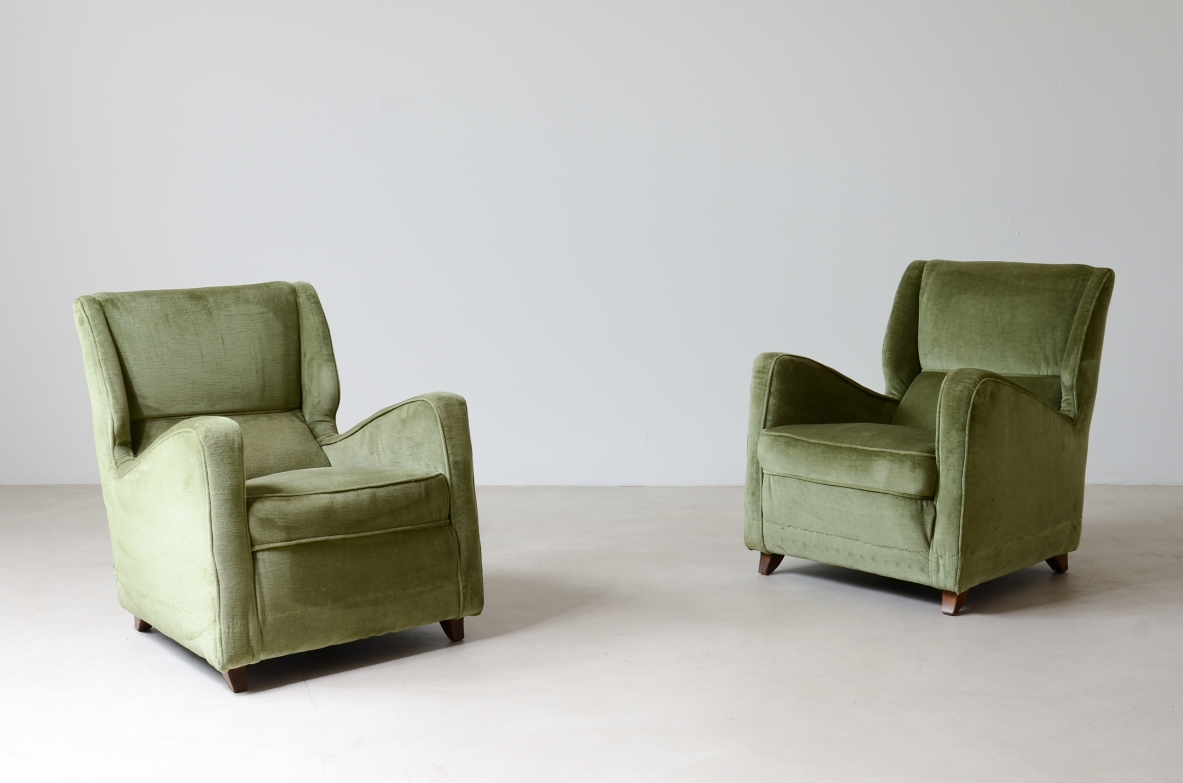 Pair of modernist armchairs upholstered in velvet.  Italian manufacture, 1940's.