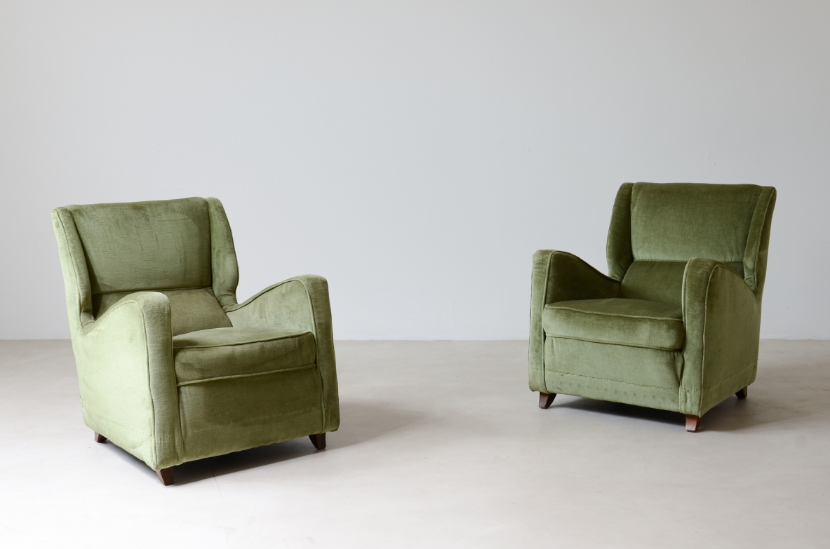 Pair of modernist armchairs upholstered in velvet.  Italian manufacture, 1940's.