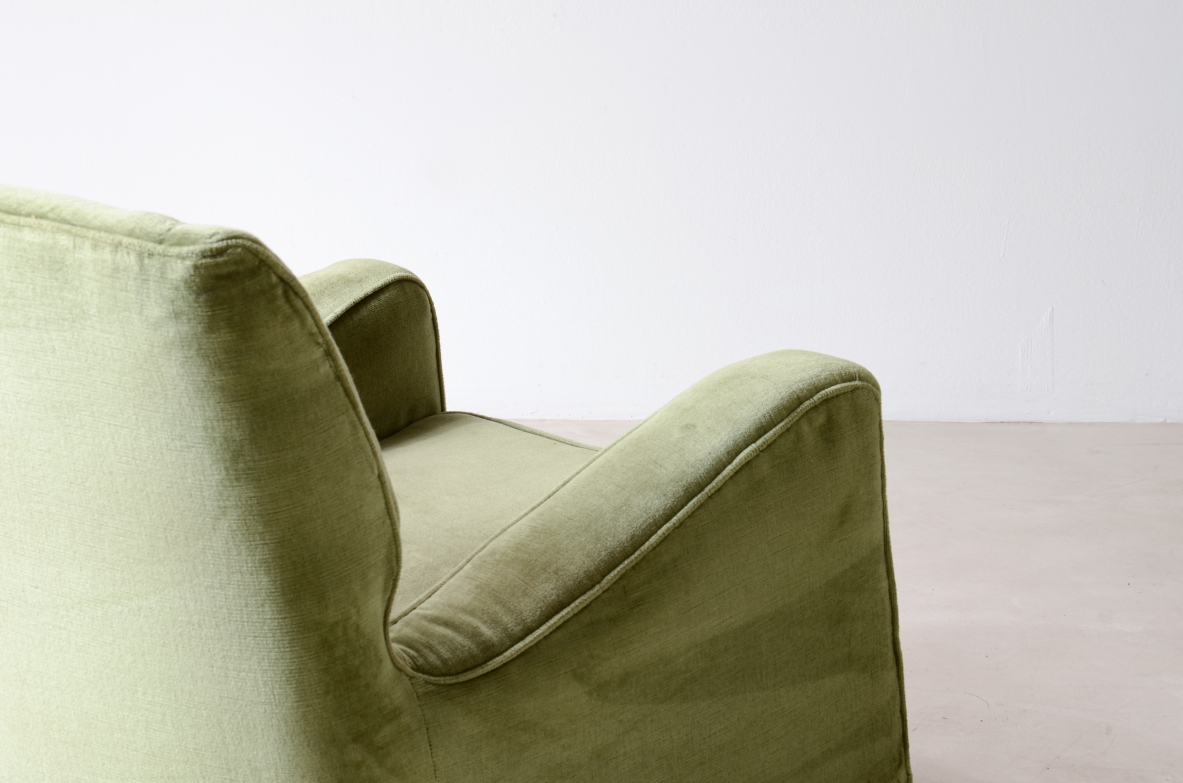 Pair of modernist armchairs upholstered in velvet.  Italian manufacture, 1940's.
