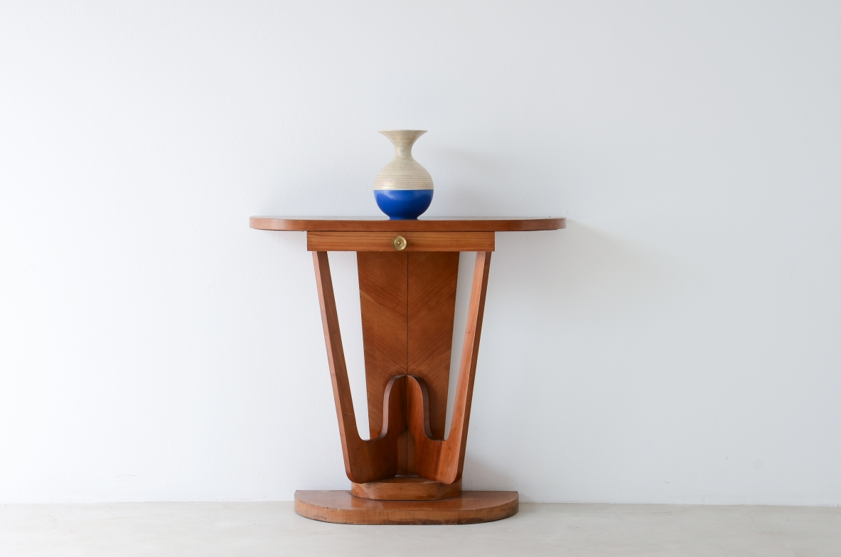 Small cherry console table with curved wooden front and drawer  Italian manufacture from the 1940s