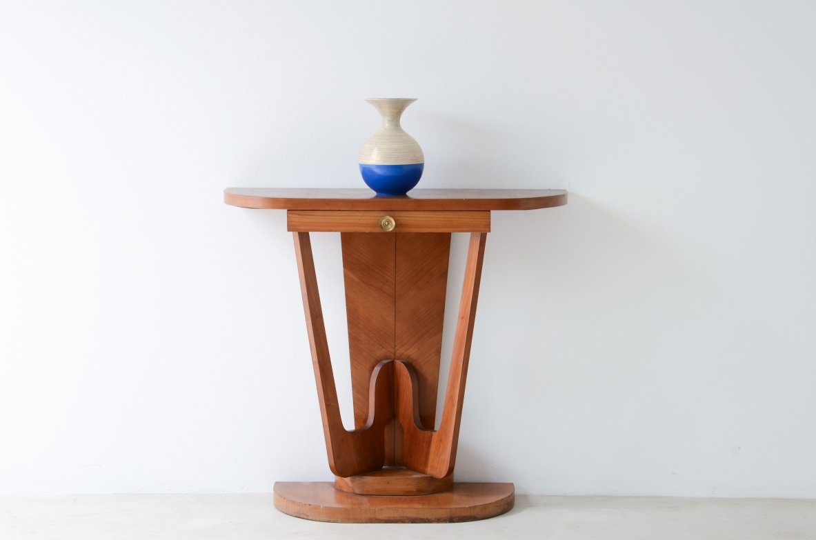 Small cherry console table with curved wooden front and drawer  Italian manufacture from the 1940s