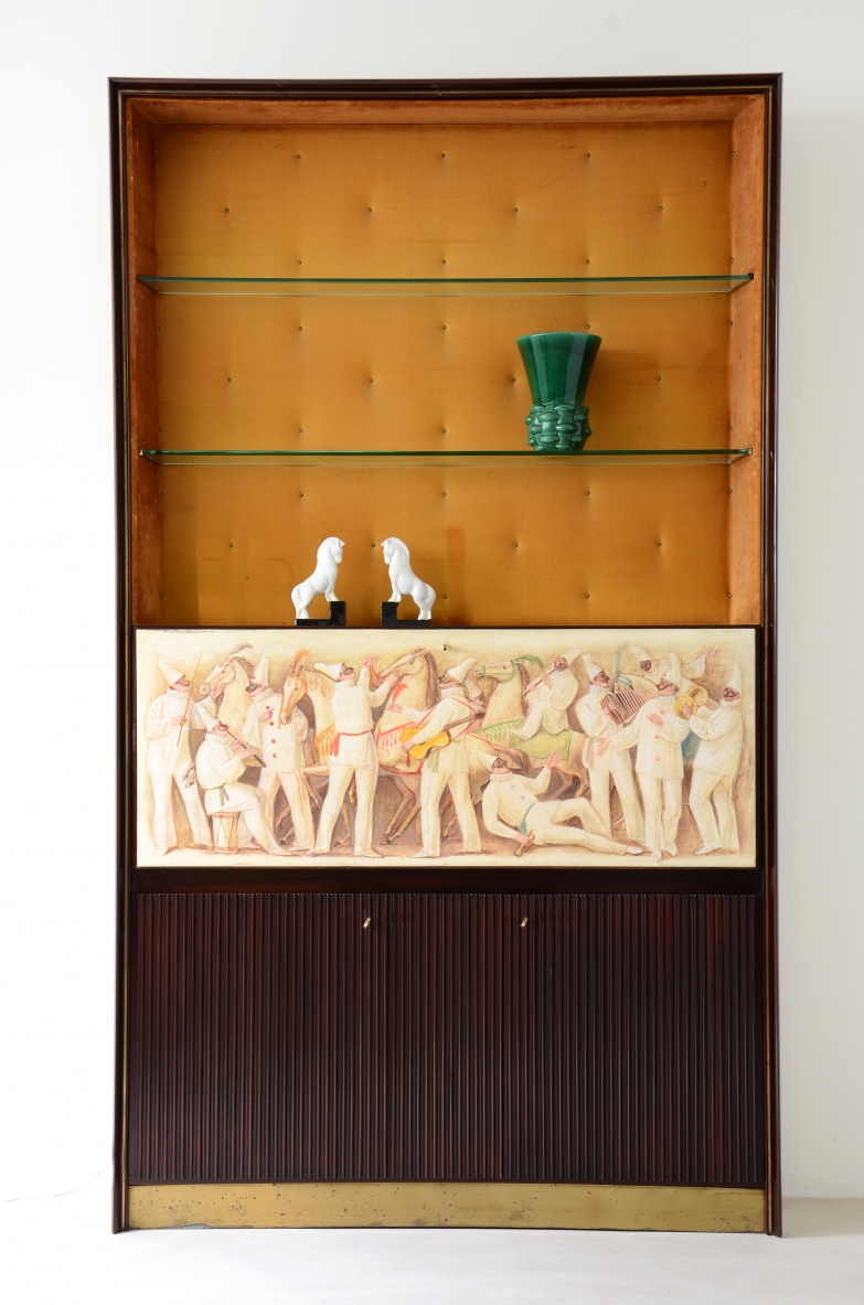 ABV Borsani  Large storage cabinet / bar / bookcase with central door painted on parchment ,two doors in grissinato wood, illuminated bar container