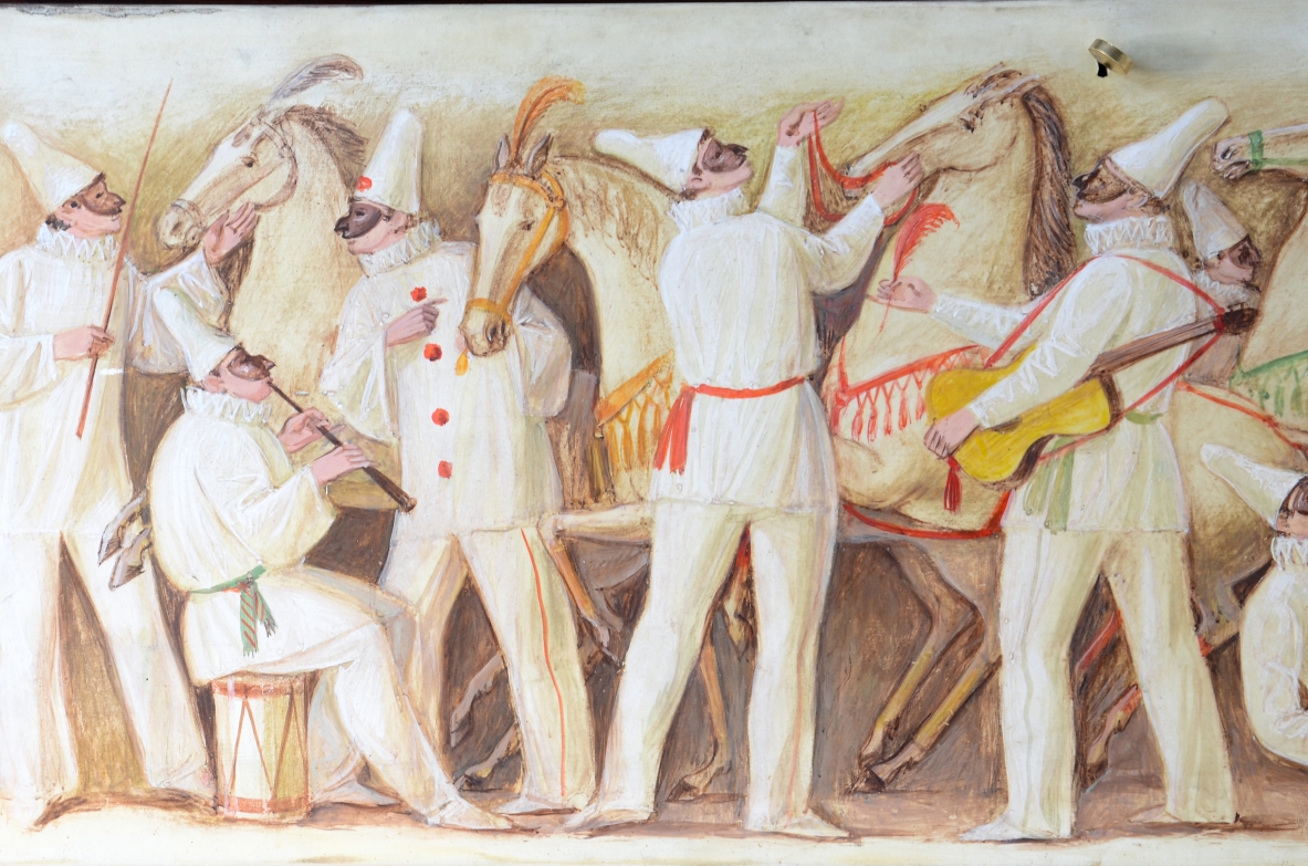 ABV Borsani  Grande mobile contenitore / bar / libreria con anta centrale dipinta su pergamena, fronte grissinato e mensole in cristallo