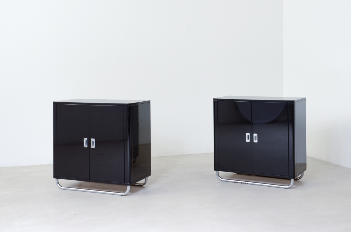 Pair of small storage units in lacquered wood with chromed tubular base . Bauhaus,1930